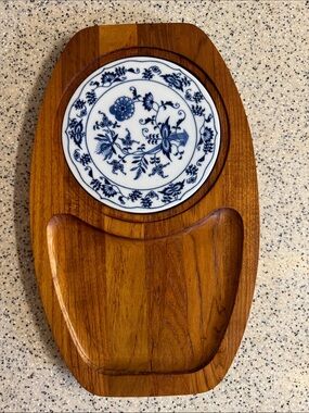 Vintage 70s Teak + Porcelain Blue Danube Oblong Cheese Tray by Dolphin